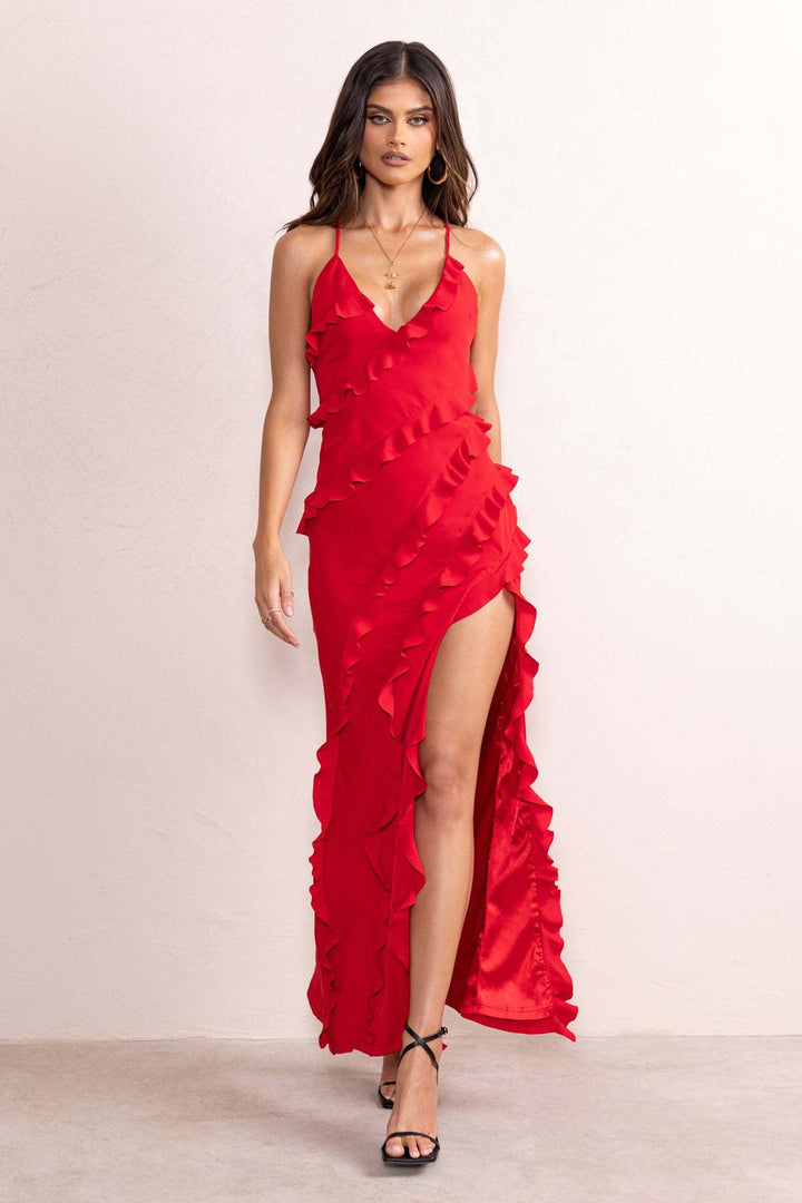 Damen Maxikleid mit voluminösen Rüschendetails und elegantem Beinschlitz Drune