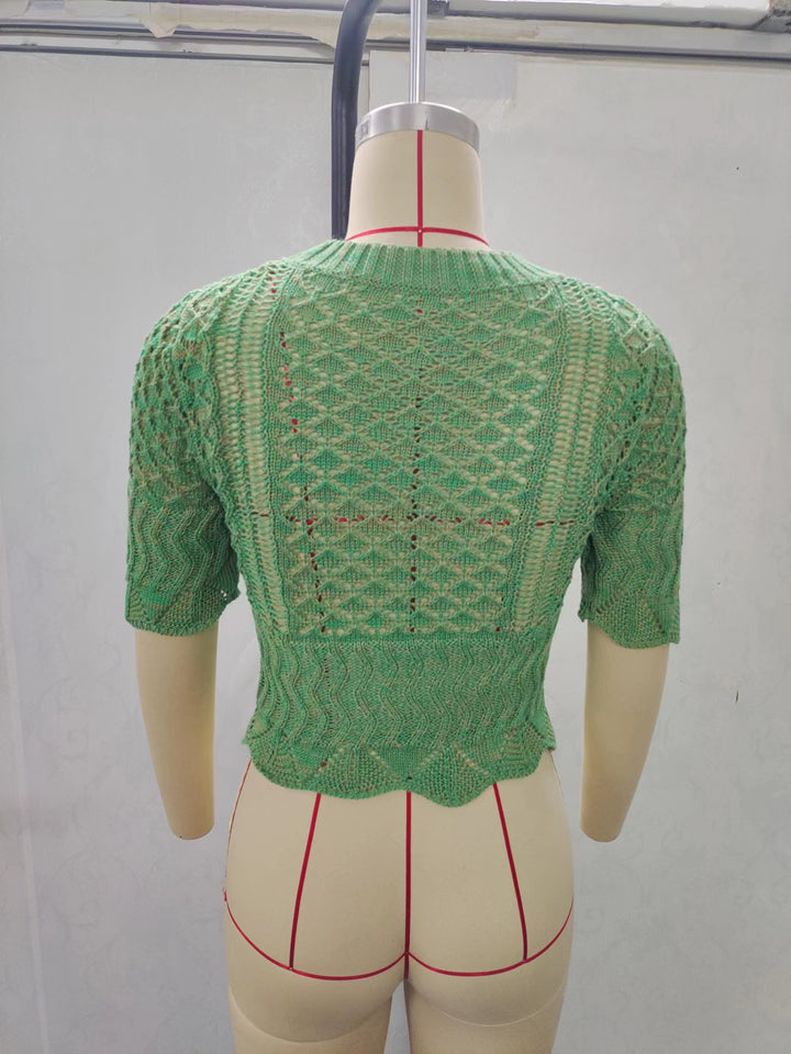 Damen Print Strickoberteil mit luftiger Netzstruktur und modischem Crop-Schnitt Drune