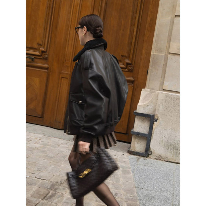 Damen Lederjacke mit großem Kragen und lässigem Schnitt Drune