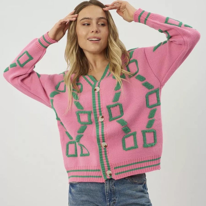 Damen Oversized Strickjacke mit großem geometrischen Muster und Knopfverschluss Drune