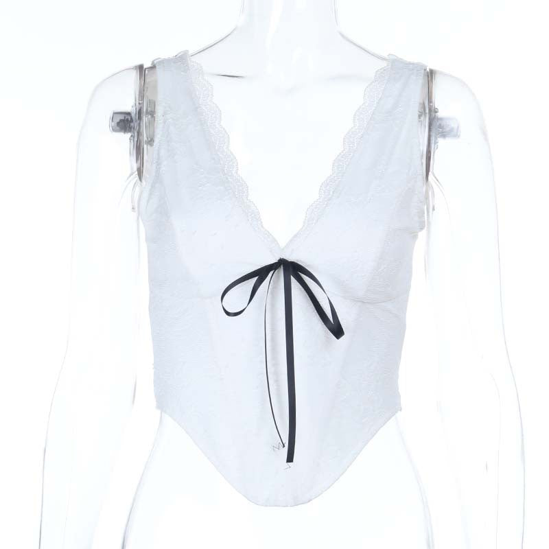Damen Spitzen-Bustier mit elegantem V-Ausschnitt und dekorativem Schleifendetail Drune
