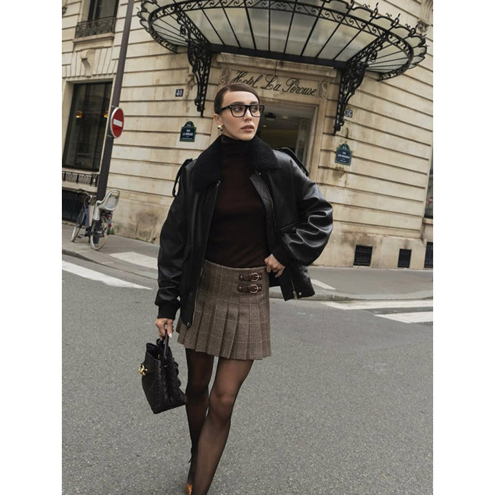 Damen Lederjacke mit großem Kragen und lässigem Schnitt Drune