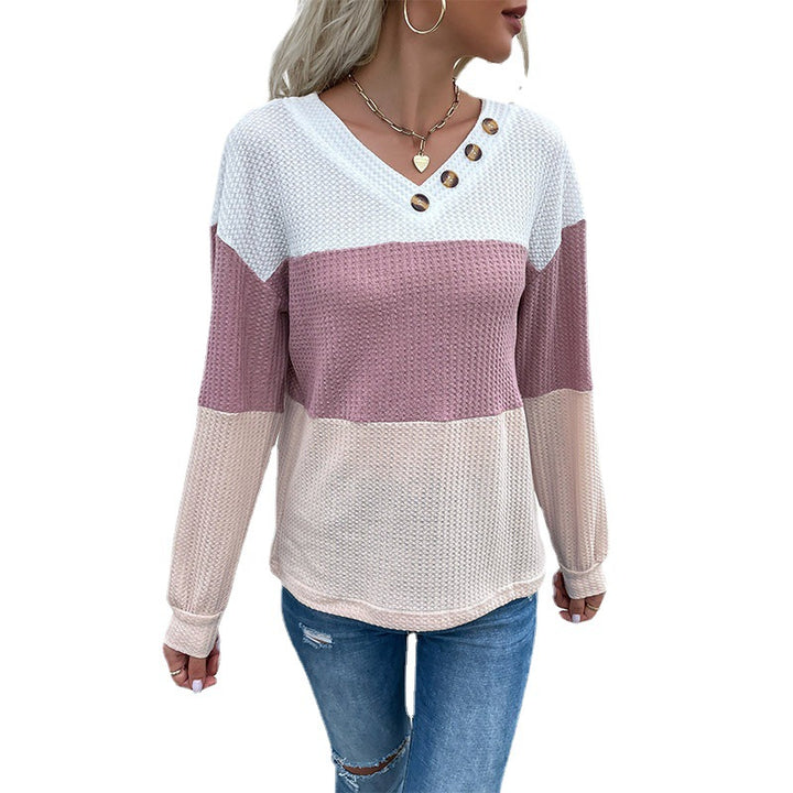 Damen lässiger V-Ausschnitt Pullover mit Modischem Strukturmuster und Knopfdetails Drune