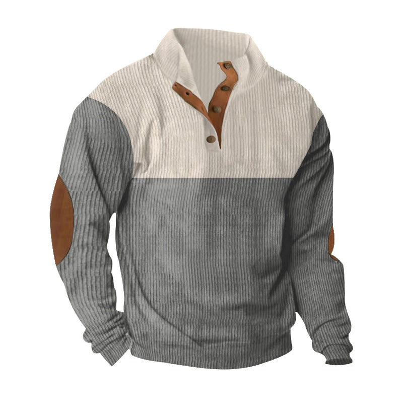 Herren nan gerippter Henley-Strickpullover mit Lederbesatz an Knopfleiste und Ellbogen-Patches Drune