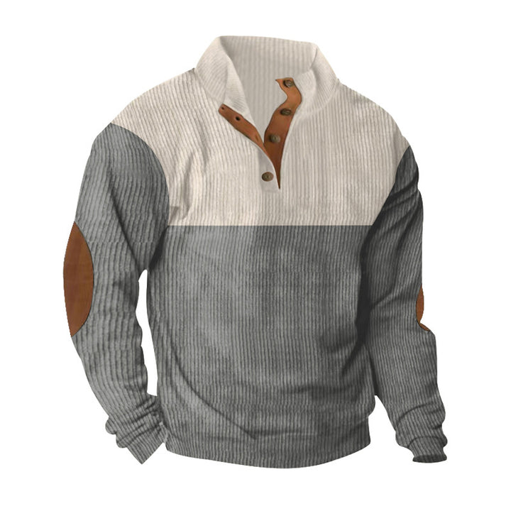 Herren nan gerippter Henley-Strickpullover mit Lederbesatz an Knopfleiste und Ellbogen-Patches Drune