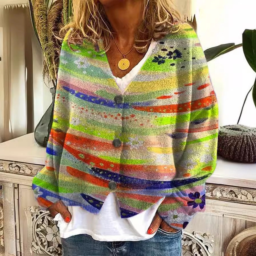 Damen lässiger Strickcardigan mit bunten Streifen und Knopfdetails Drune