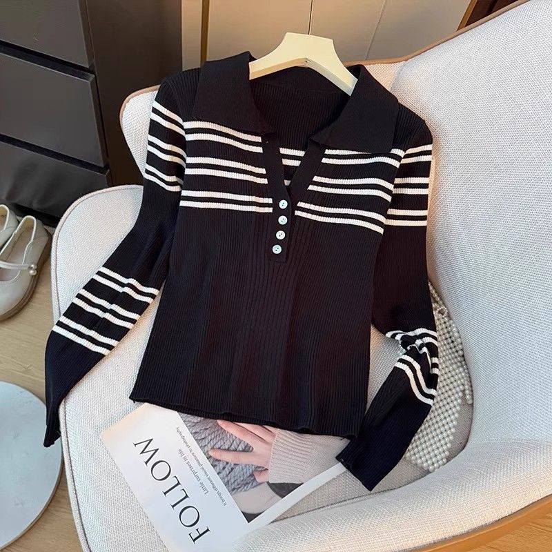 Damen gestreifter Pullover mit Knopfleiste und klassischem Kragen Drune