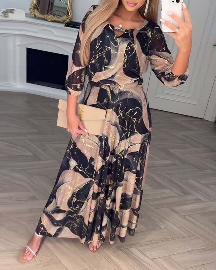 Damen nan Maxikleid mit abstraktem Marmorprint, Chiffon-Overlay, Schlüssel-Loch-Ausschnitt und elastischer Taillenpasse Drune