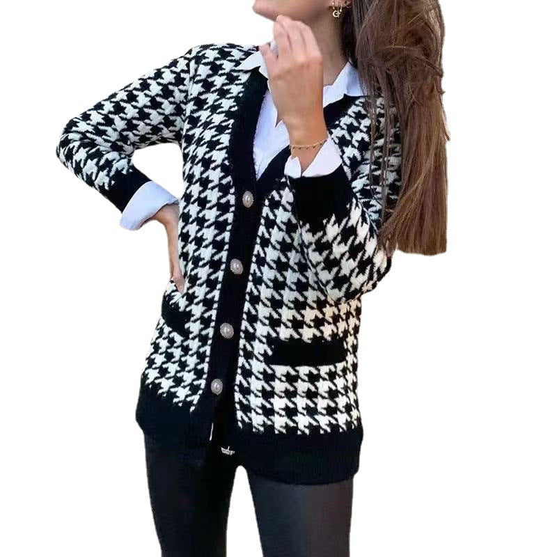Damen modischer Strickcardigan mit schickem Hahnentrittmuster und großen Knöpfen Drune