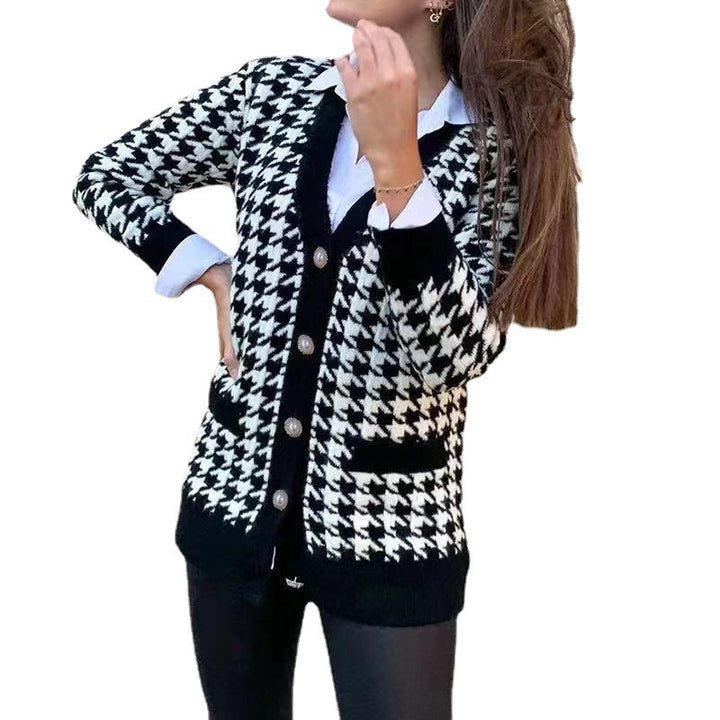 Damen modischer Strickcardigan mit schickem Hahnentrittmuster und großen Knöpfen Drune