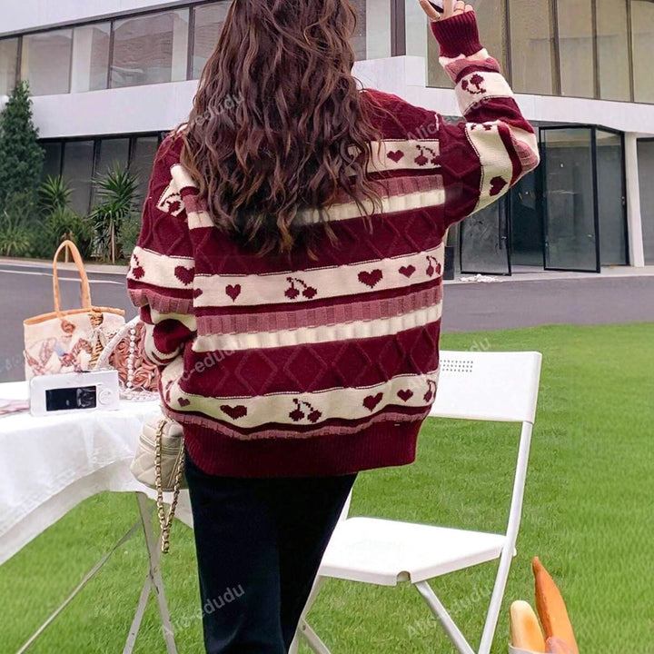 Damen Grobstrickpullover mit kreativem Herz- und Fruchtmuster Drune