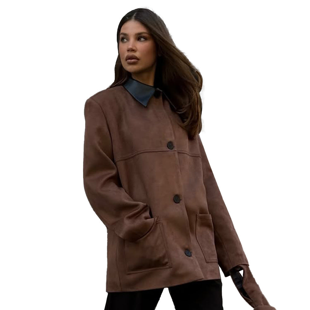 Damen Oversized Mantel mit Lederkragen und Taschen Drune
