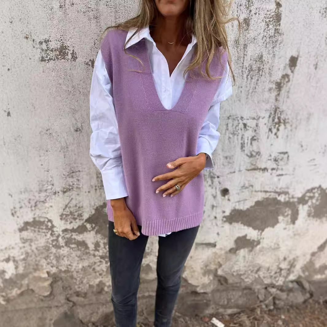 Damen lässiger Strickpullover mit V-Ausschnitt Drune