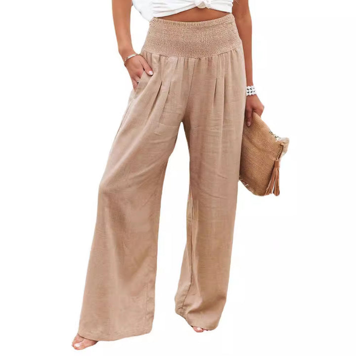 Damen weite Leinenhose mit elastischem Bund und Falten Drune