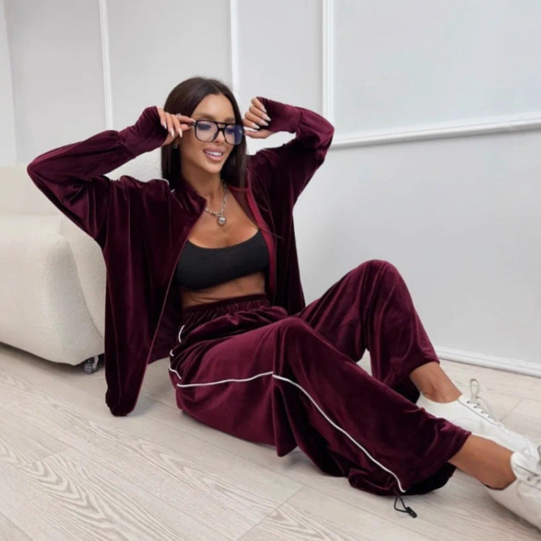 Damen modisches und vielseitiges Velours-Sportoutfit mit Reißverschluss Drune
