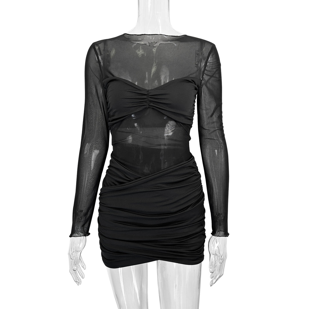 Damen Raffiniertes Minikleid mit transparenten Ärmeln und Rüschendetails Drune
