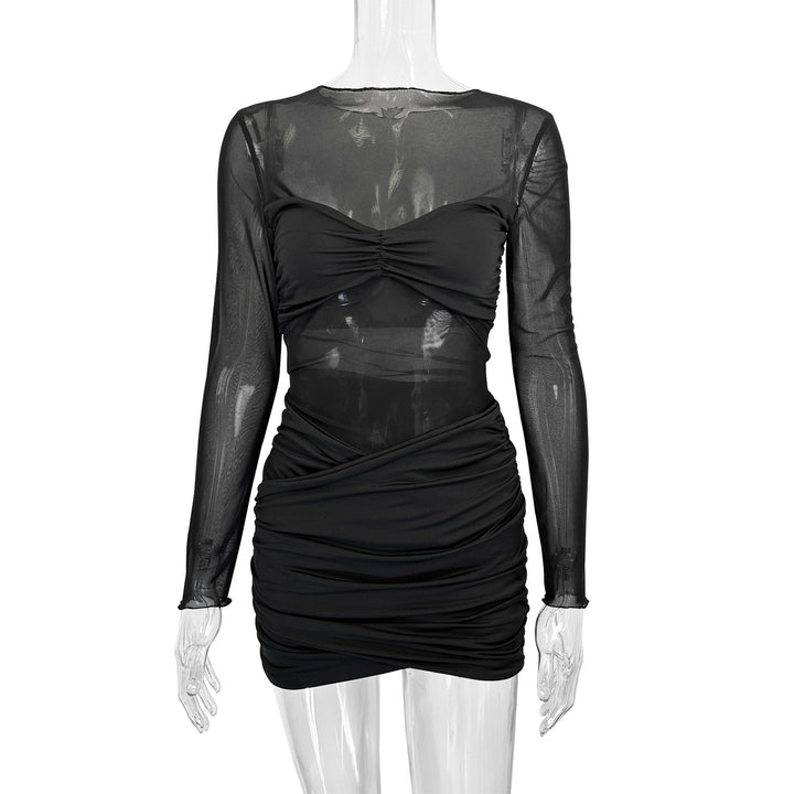 Damen Raffiniertes Minikleid mit transparenten Ärmeln und Rüschendetails Drune