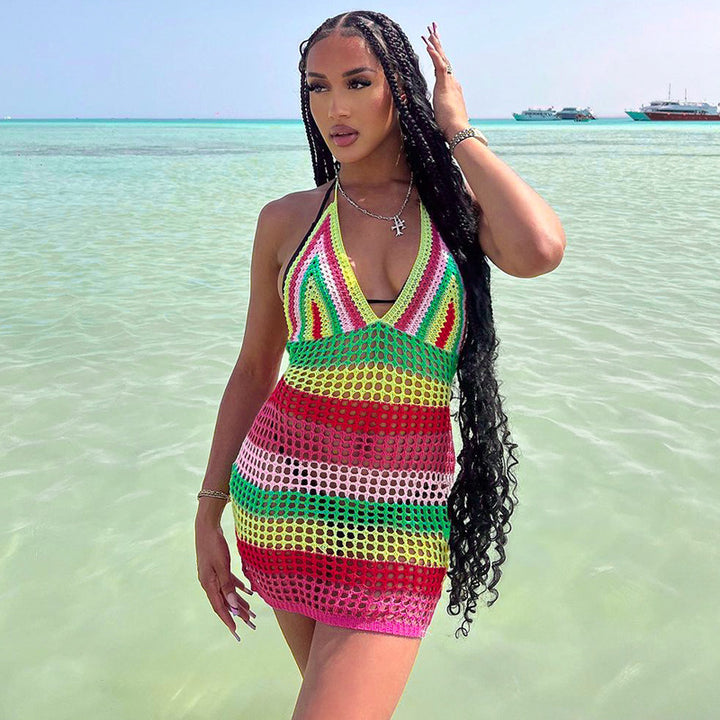 Damen gehäkeltes Strandkleid mit tiefem V-Ausschnitt und buntem Streifenmuster Drune