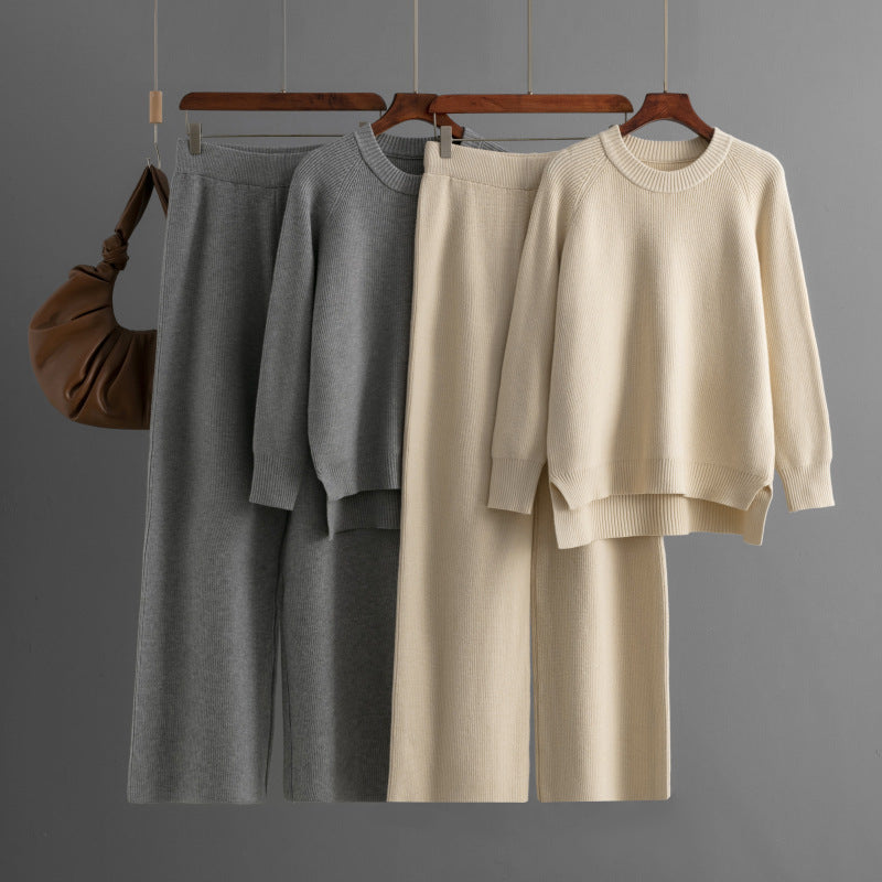 Damen lässiges Strick-Lounge-Set mit weitem Oberteil und bequemen Hosen Drune