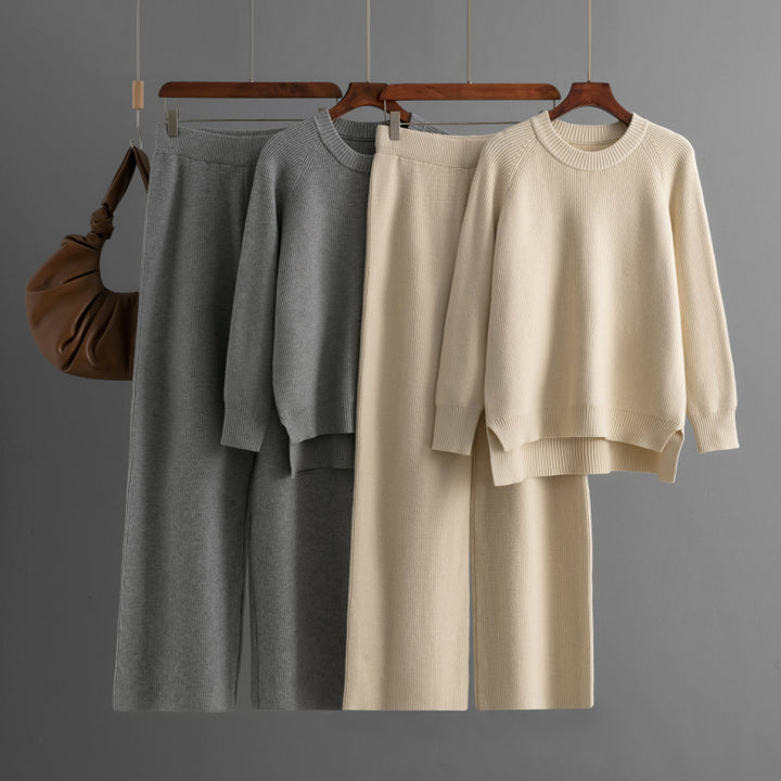 Damen lässiges Strick-Lounge-Set mit weitem Oberteil und bequemen Hosen Drune