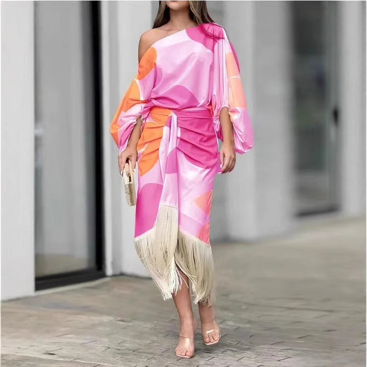 Damen nan schulterfreies drapiertes Midikleid mit geraffter Wickel-Taille und Fransensaum Drune