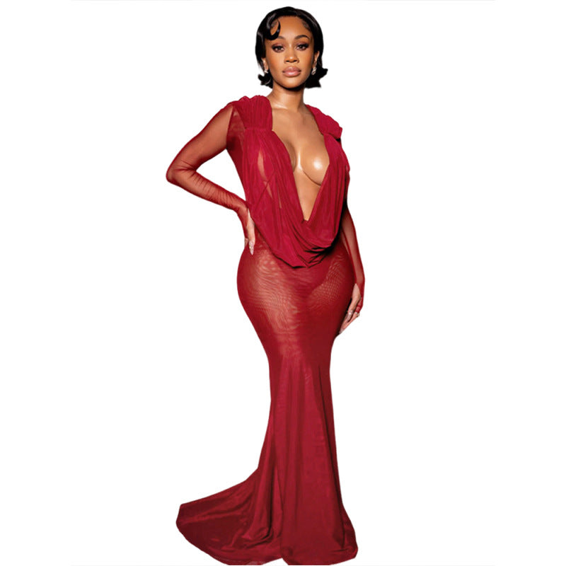 Damen Elegantes Off-Shoulder Maxikleid mit tiefem V-Ausschnitt Drune