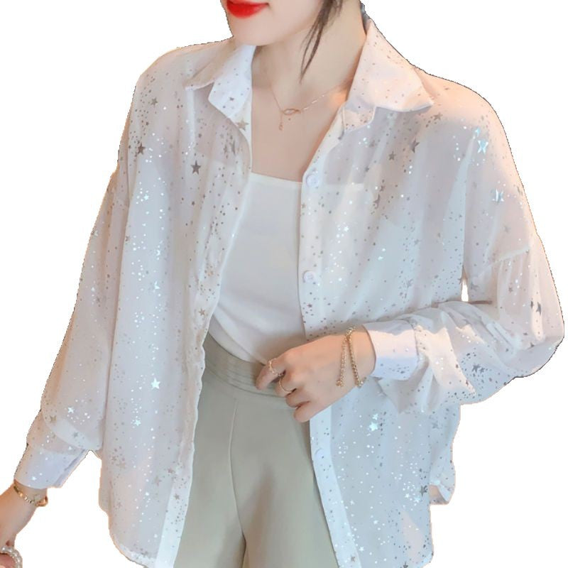 Damen transparente Bluse mit funkelnden Sternen Drune