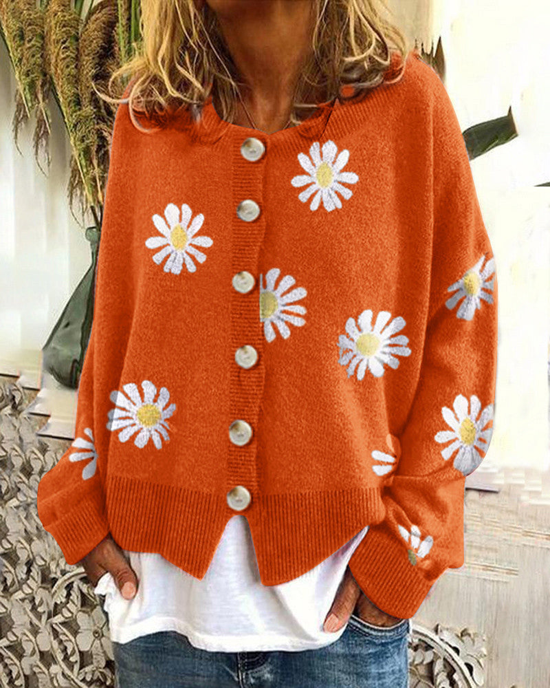 Damen Farbiger Baumwollpullover mit Blumenmuster Drune