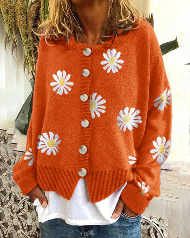 Damen Farbiger Baumwollpullover mit Blumenmuster Drune