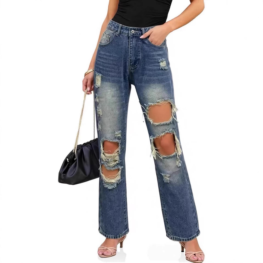 Damen lässige Destroyed Jeans mit weitem Bein und trendigen Rissdetails Drune
