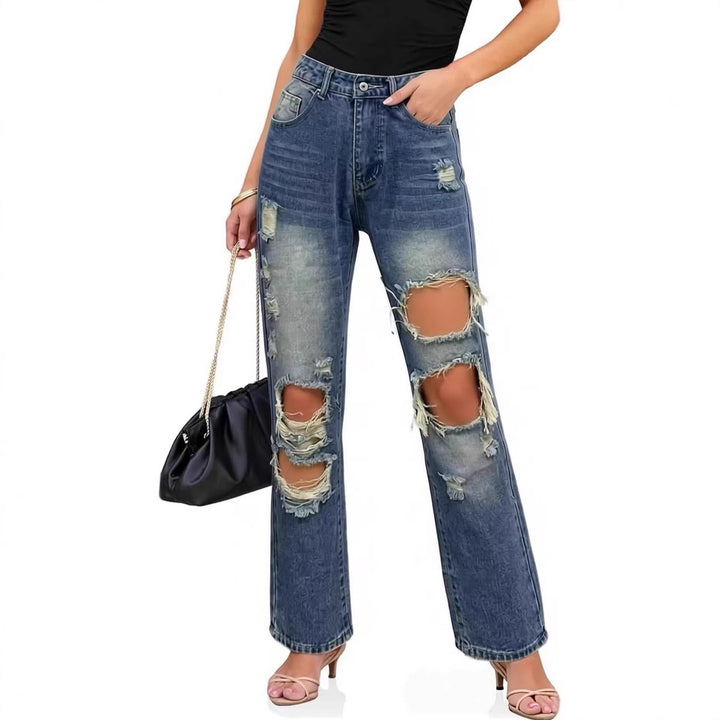 Damen lässige Destroyed Jeans mit weitem Bein und trendigen Rissdetails Drune