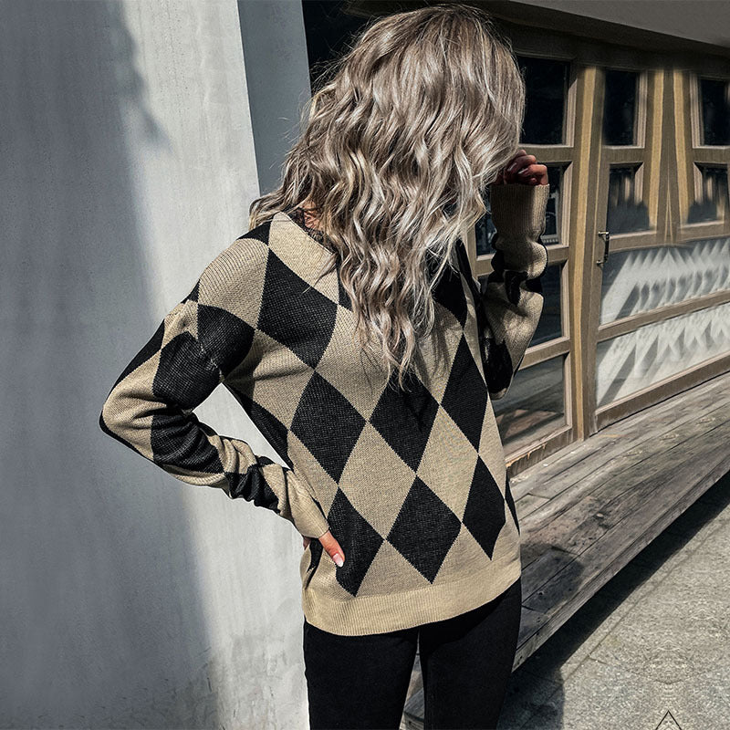 Damen Strickpullover mit modernem Rautenmuster und hohem Kragen Drune