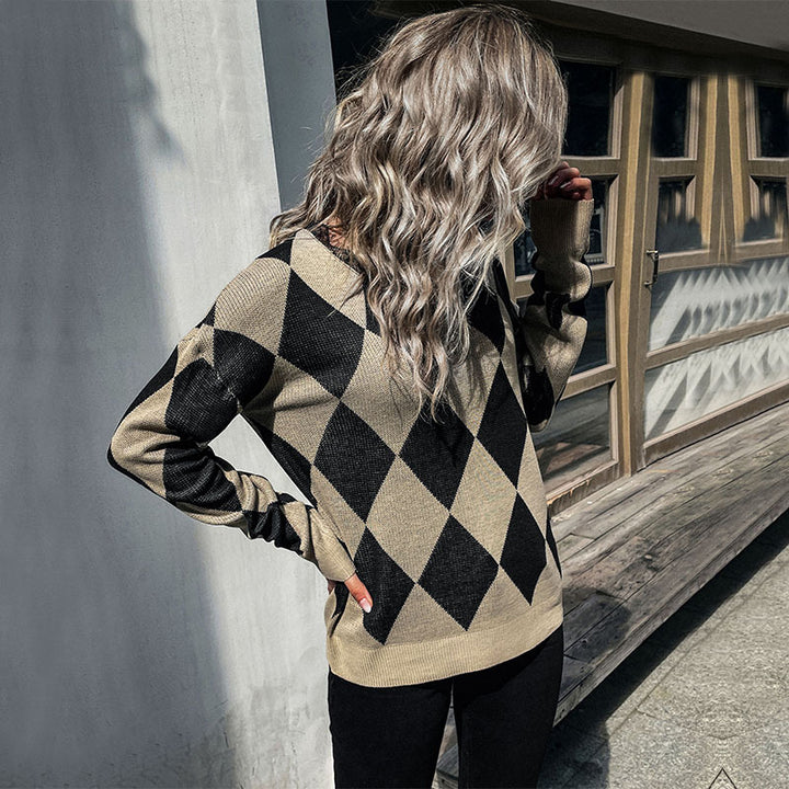 Damen Strickpullover mit modernem Rautenmuster und hohem Kragen Drune