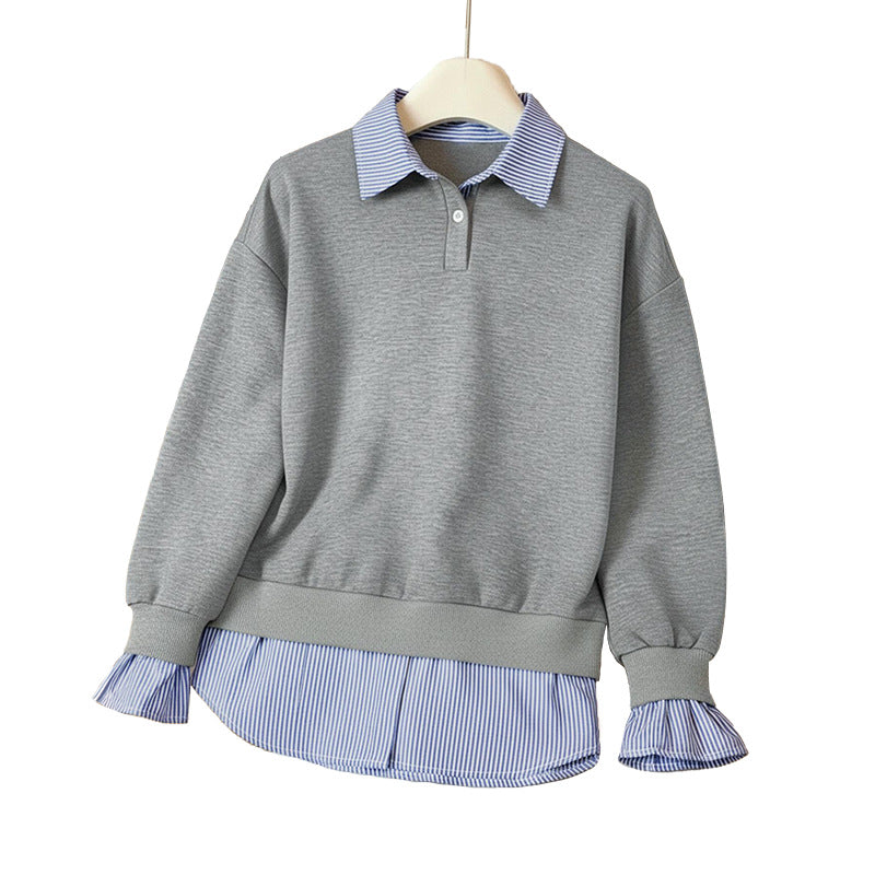 Damen elegantes Sweatshirt mit integriertem Hemdblusen-Design Drune