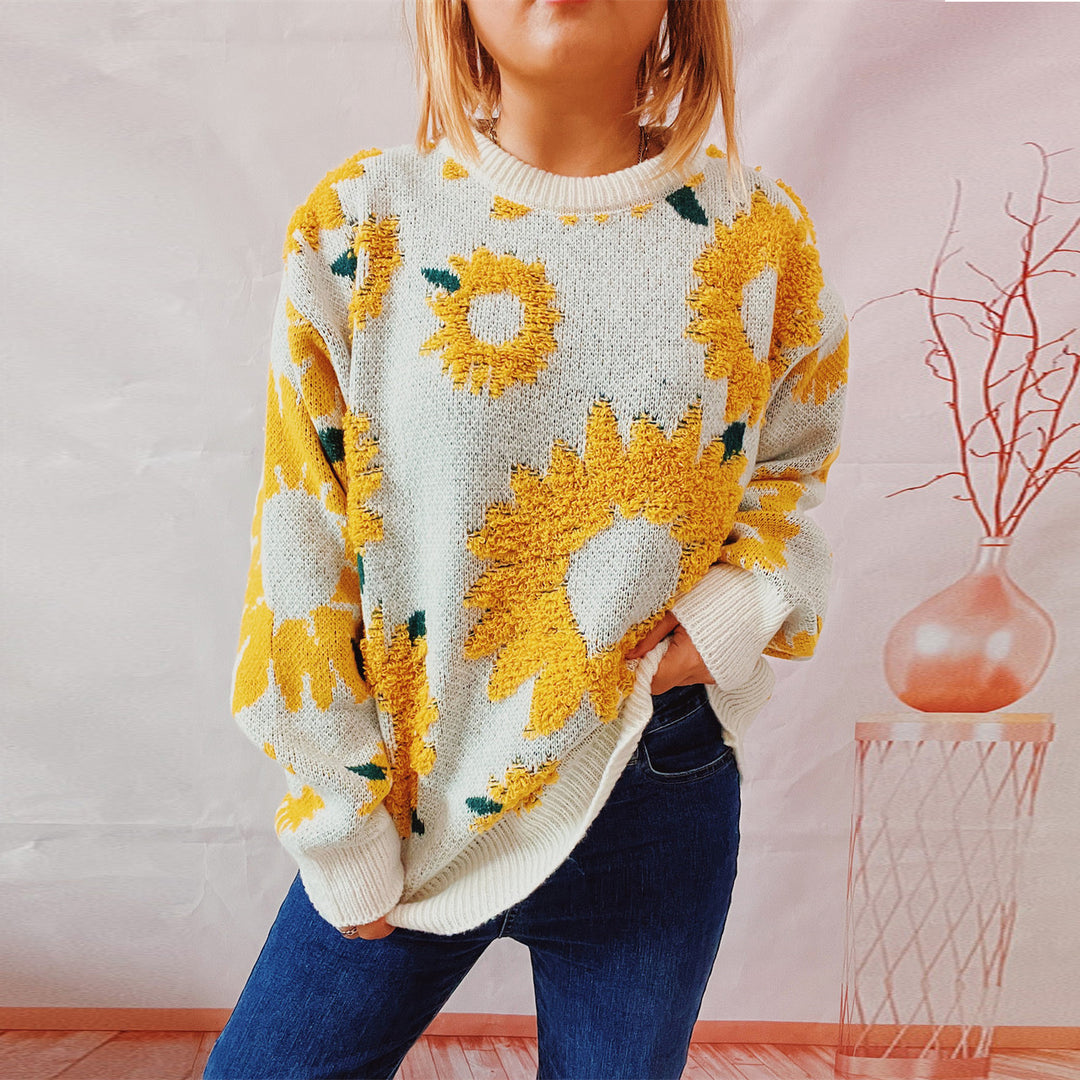 Damen Strickpullover mit floralem Design und Oversize-Schnitt Drune
