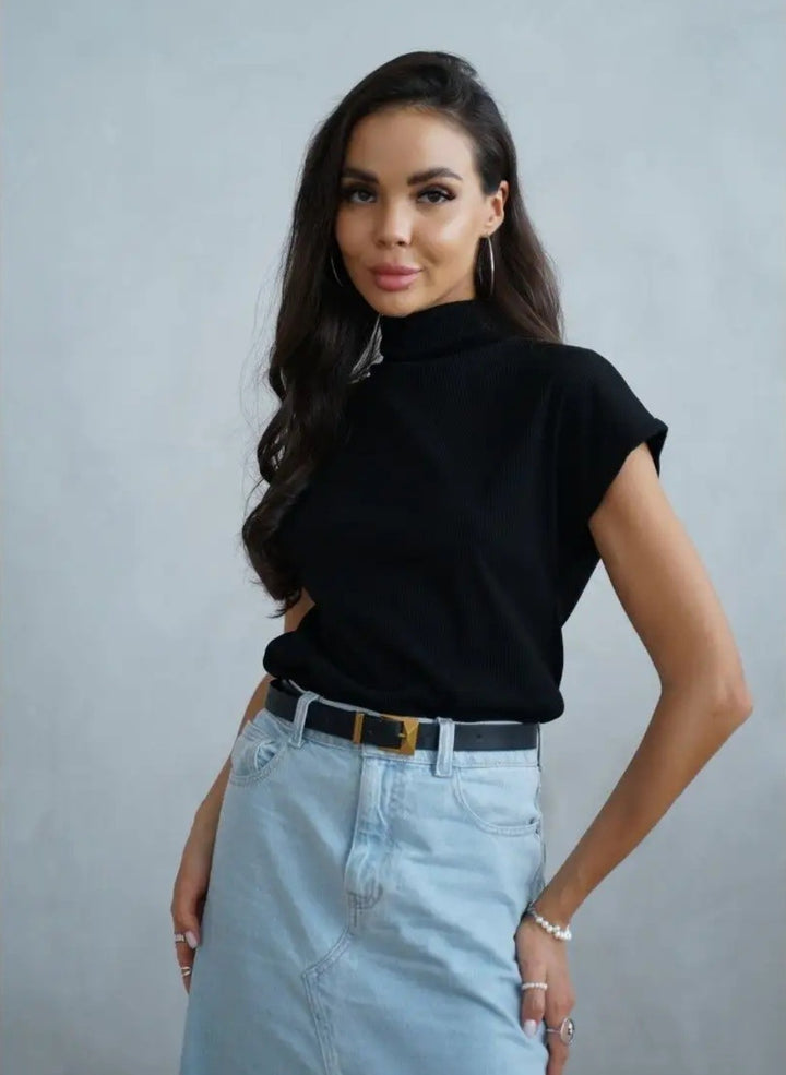 Damen modisches Kurzarm-Shirt mit hochgeschlossenem Kragen und elegantem Schnitt