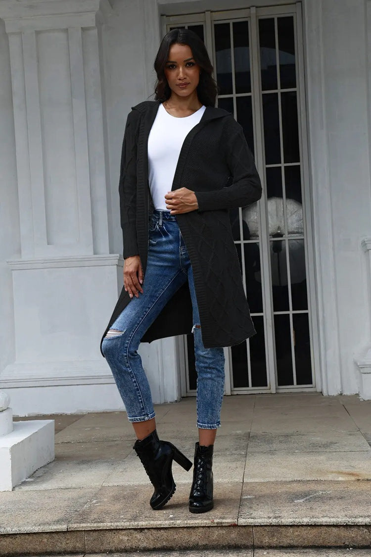 Damen Strickmantel mit Kapuze und dekorativem Zopfdesign Drune