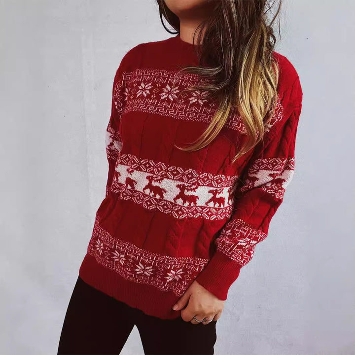 Damen Strickpullover mit festlichem Rentier-Motiv und Zopfmuster Drune