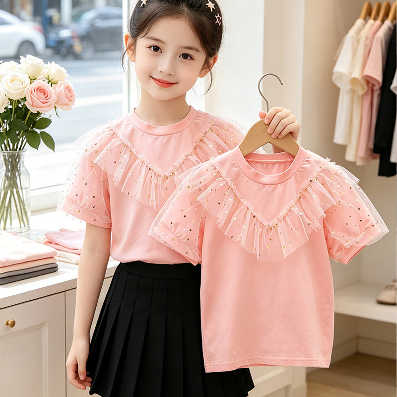 Mädchen T-Shirt mit Rüschendetails und transparenten Puffärmeln Drune