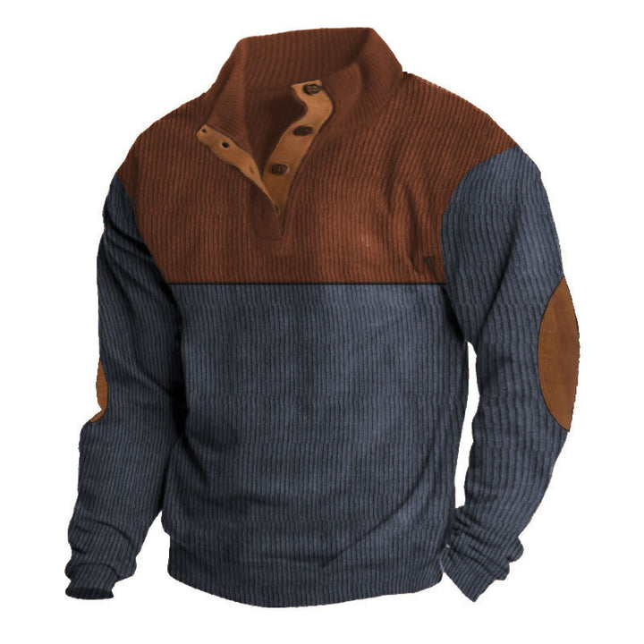 Herren nan strukturiertes Rugby-Pullover mit Stehkragen, Knopfleiste und Leder-Ellenbogenpatches Drune