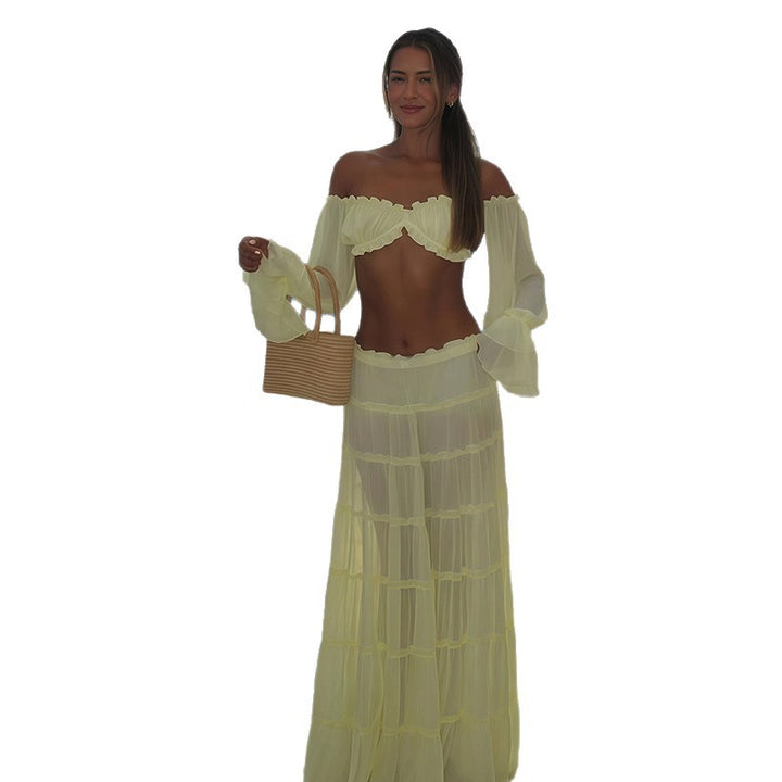 Damen Off-Shoulder Strandkleid mit Rüschendetails und transparentem Stoff Drune
