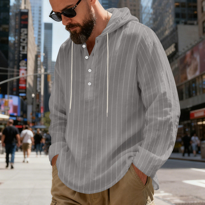 Herren nan gestreiftes Henley-Kapuzenhemd mit Langarm, lockerem Schnitt und Kordelzug Drune