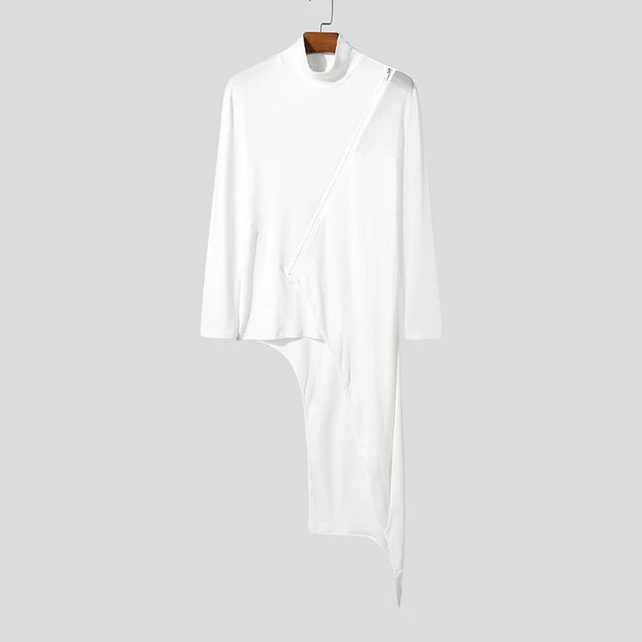 Damen nan avantgardistisches Longshirt mit schrägem Reißverschluss, Stehkragen und unregelmäßigem Zipfelsaum Drune