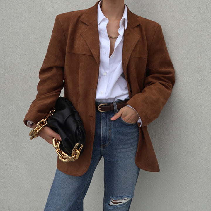 Damen Wildleder Blazer im Oversized-Stil mit eleganten Nahtdetails Drune