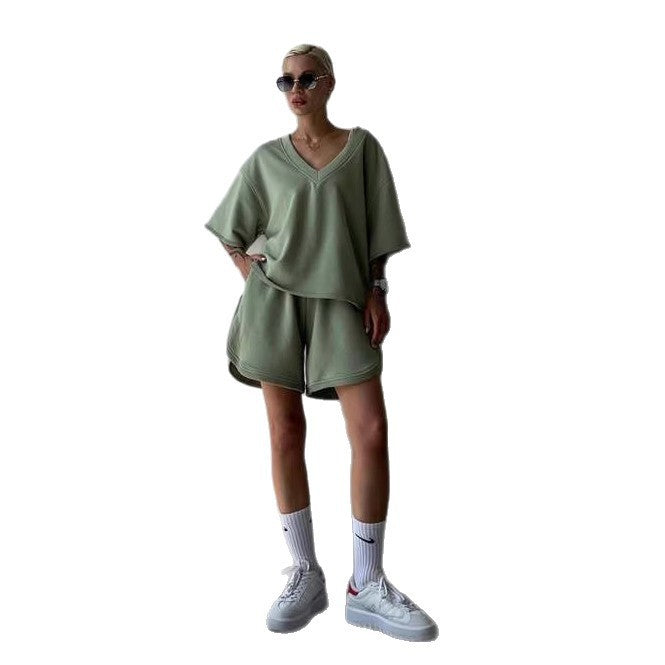 Damen lässiges V-Ausschnitt Oberteil und Shorts-Set Drune