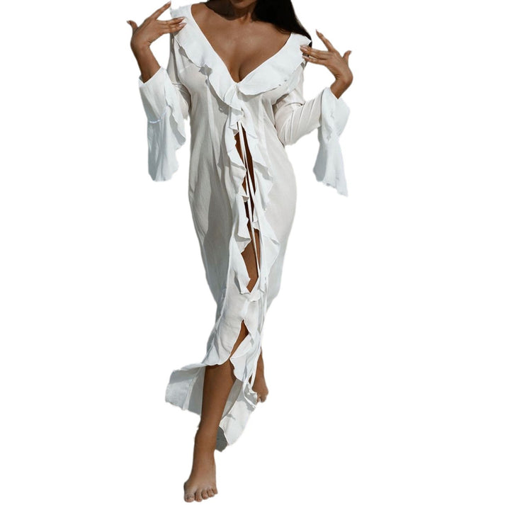 Damen elegantes Strandkleid mit Rüschen und tiefem Schlitz Drune