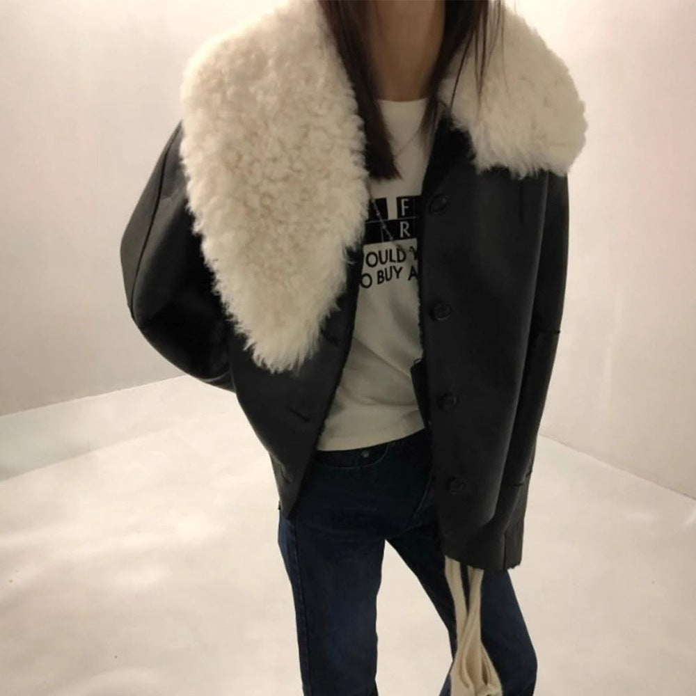 Damen luxuriöse Kunstlederjacke mit weichem Pelzkragen Drune