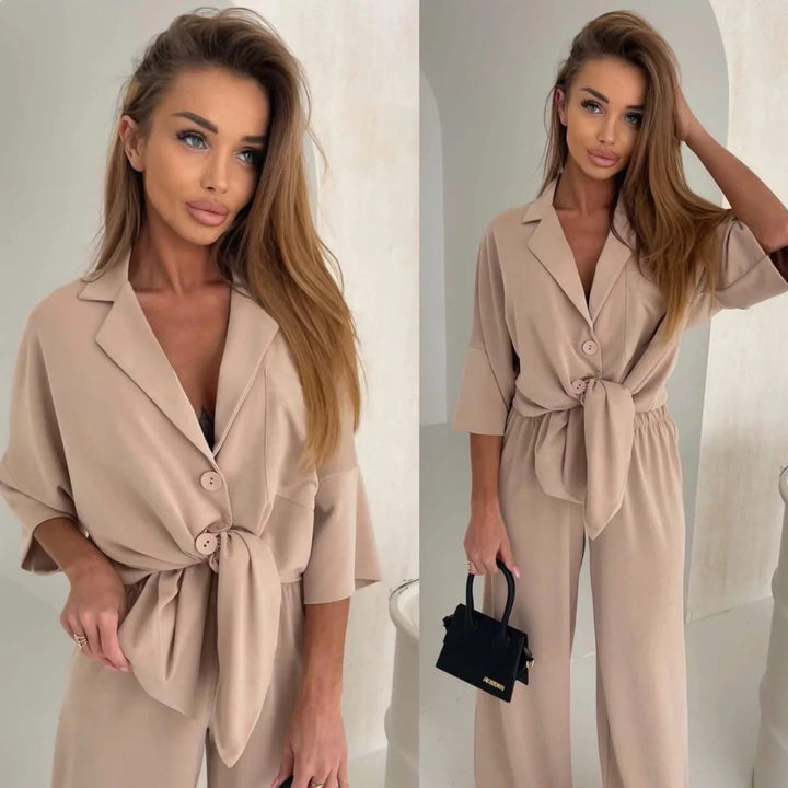 Damen lässiger Jumpsuit mit Bindegürtel und weit geschnittenen Beinen Drune