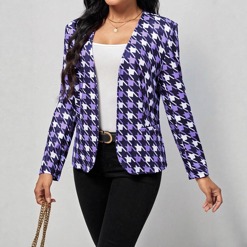 Damen modische Blazerjacke mit auffälligem Hahnentritt-Muster und taillierter Passform Drune