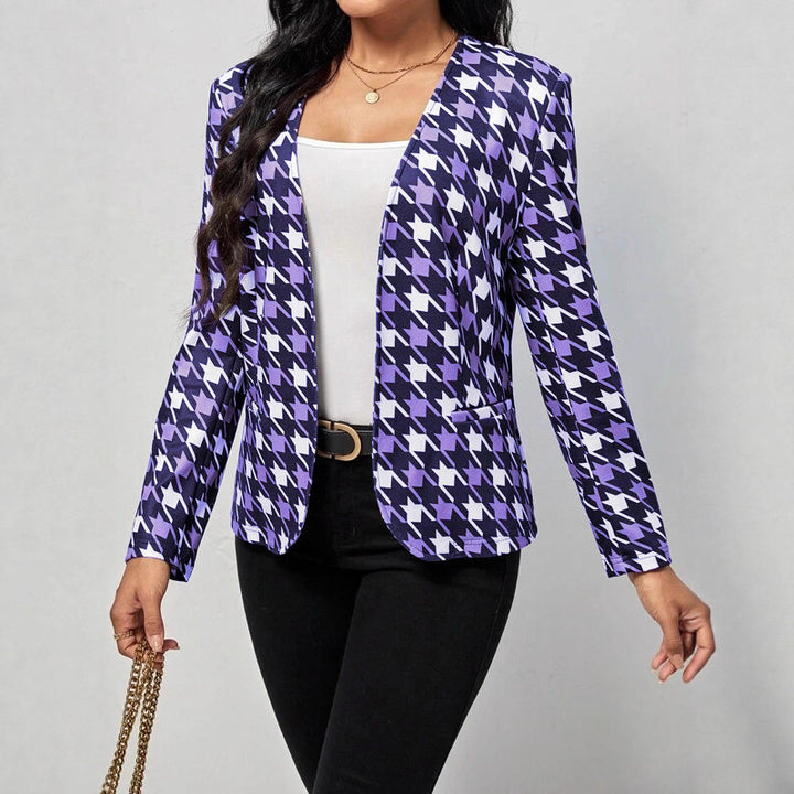 Damen modische Blazerjacke mit auffälligem Hahnentritt-Muster und taillierter Passform Drune